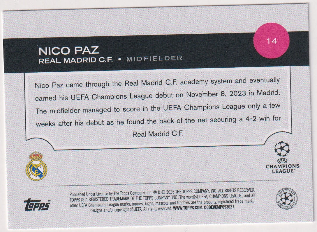 Topps Future Stars 2025-26 Nico Paz Rookie Real Madrid C.F. UEFA Champions – Bild 2