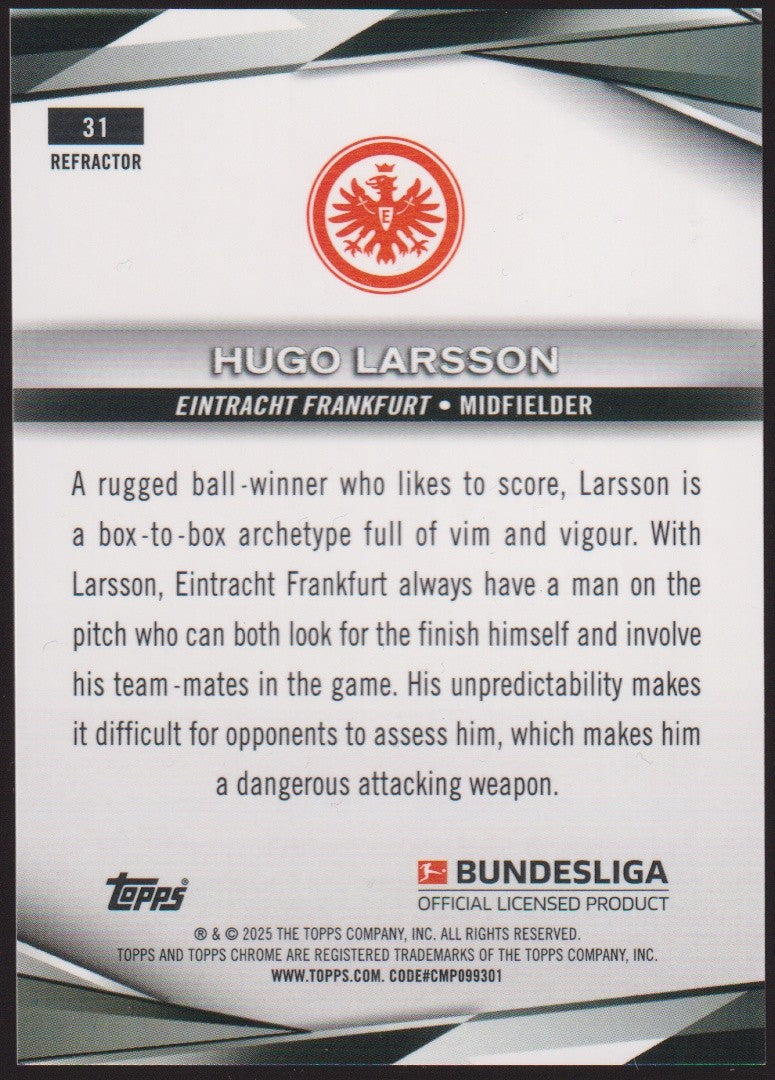 Topps Chrome 2024-25 Hugo Larsson Eintracht Frankfurt Parallel Refractor – Bild 2
