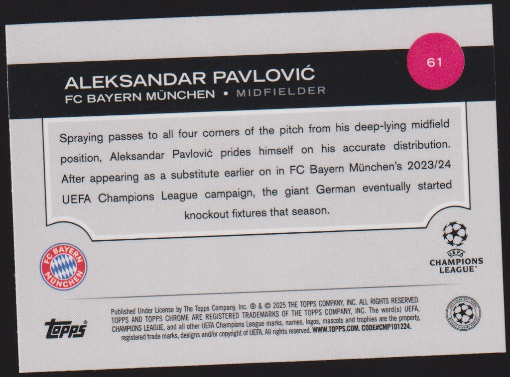 Topps Chrome 2023-24 Aleksandar Pavlović Rookie FC Bayern München Parallel Rare – Bild 2