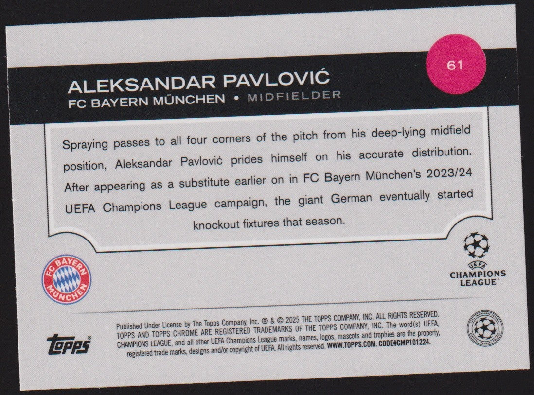 Topps Chrome 2023-24 Aleksandar Pavlović Rookie FC Bayern München Parallel Rare – Bild 2