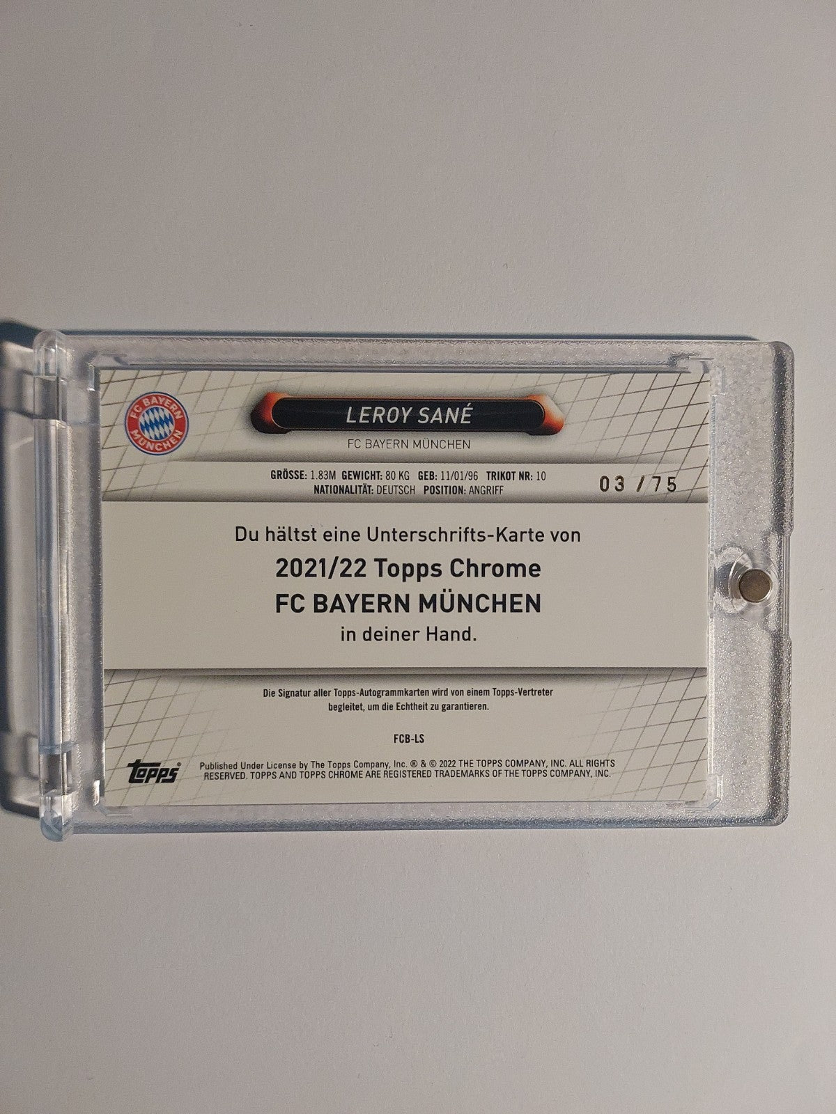 Topps Bayern München Chrome 2021-22 Leroy Sane On Card Auto Parallel 3/75 Rare – Bild 2