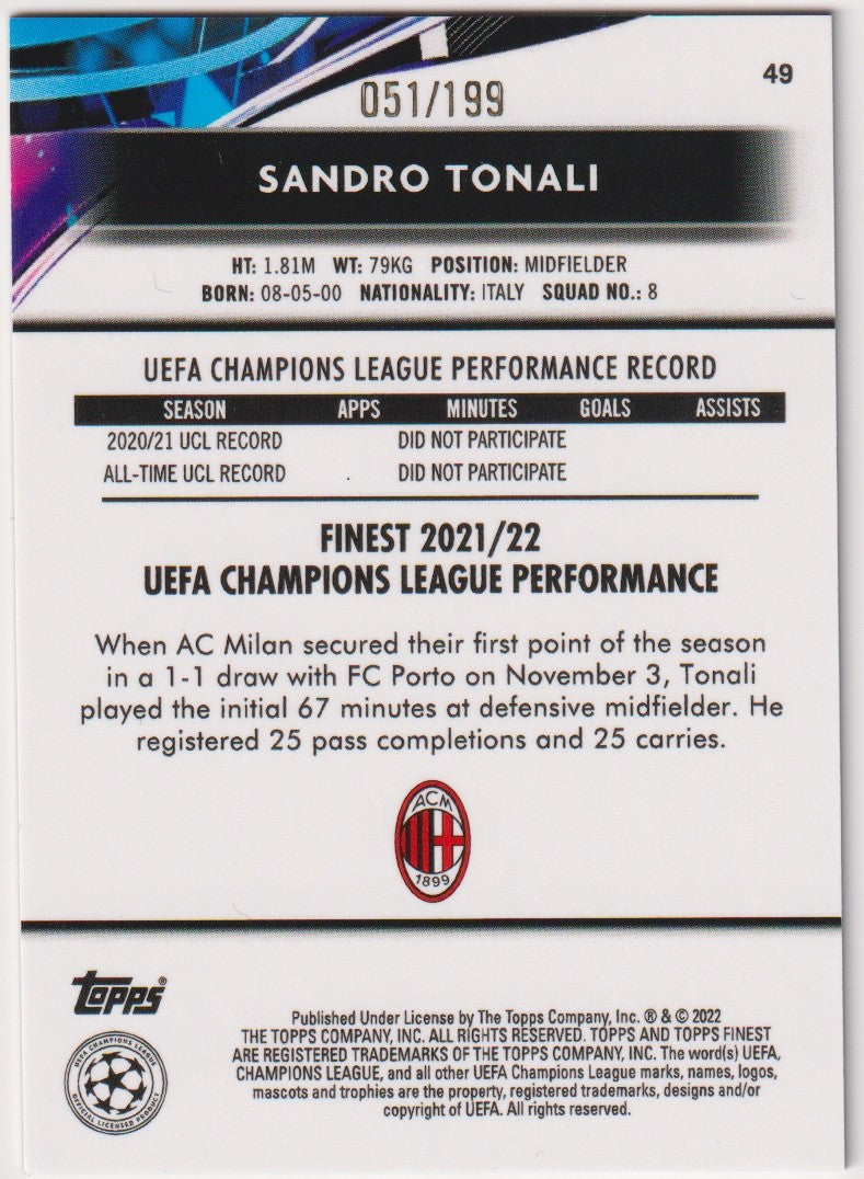 Topps Finest 2021-22 Sandro Tonali AC Milan 2021/22 Finest Parallel 051/199 Rare – Bild 2