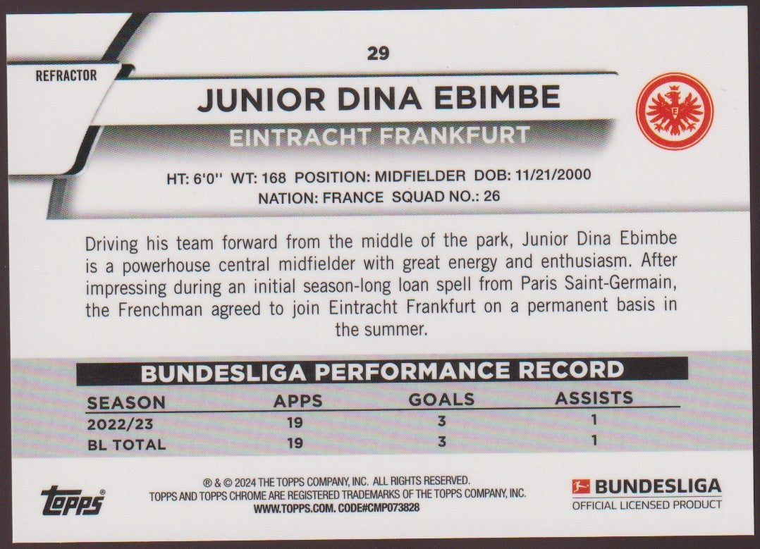 Topps Chrome 2023-24 Junior Dina Ebimbe Eintracht Frankfurt Parallel 268/299 – Bild 2