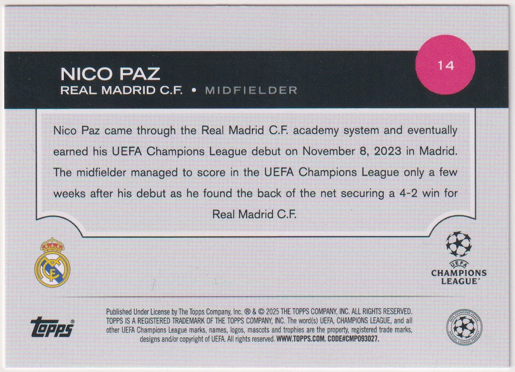 Topps Future Stars 2025-26 Nico Paz Rookie Real Madrid C.F. UEFA Champions – Bild 2