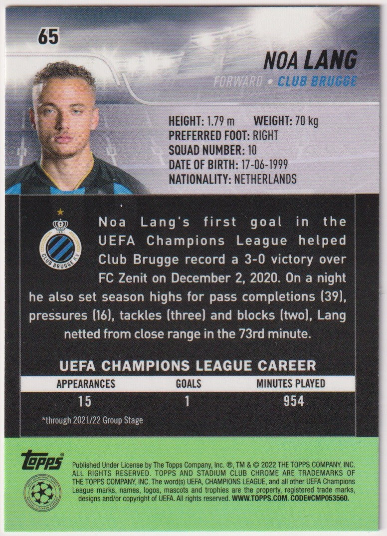 Topps Stadium Chrome 2021-22 Noa Lang Club Brugge Parallel Red Refractor – Bild 2