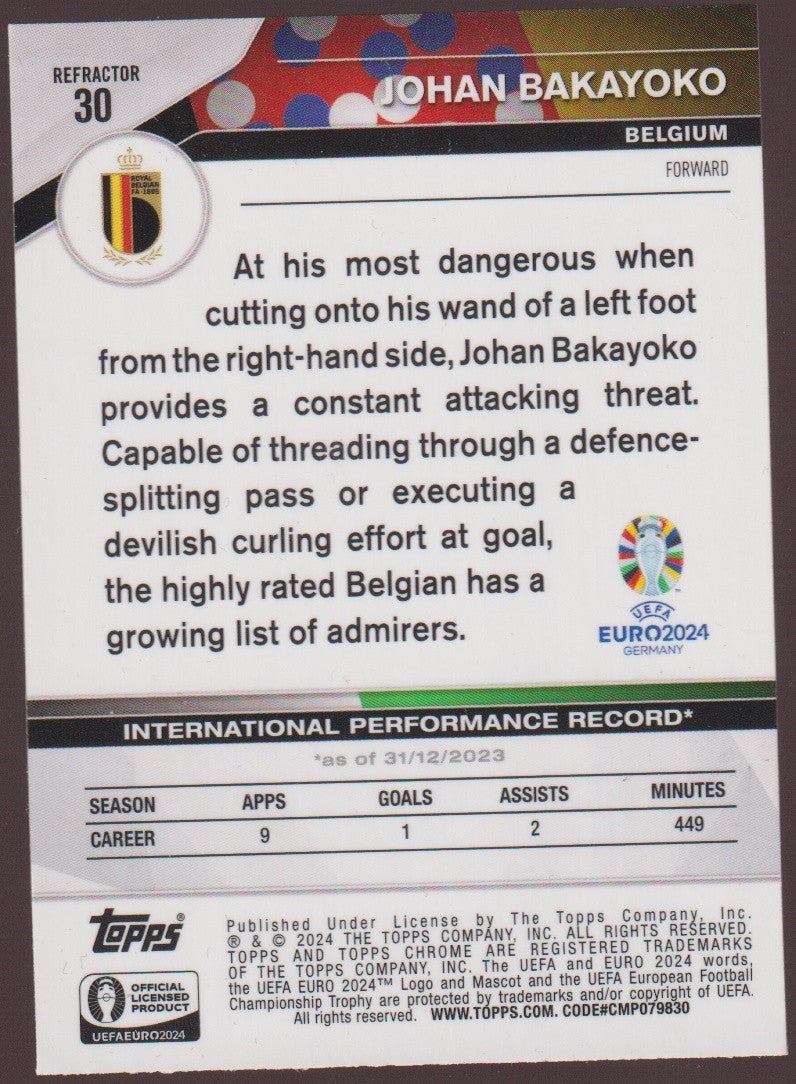 Topps Chrome 2023-24 Johan Bakayoko Rookie Belgium Parallel Refractor – Bild 2