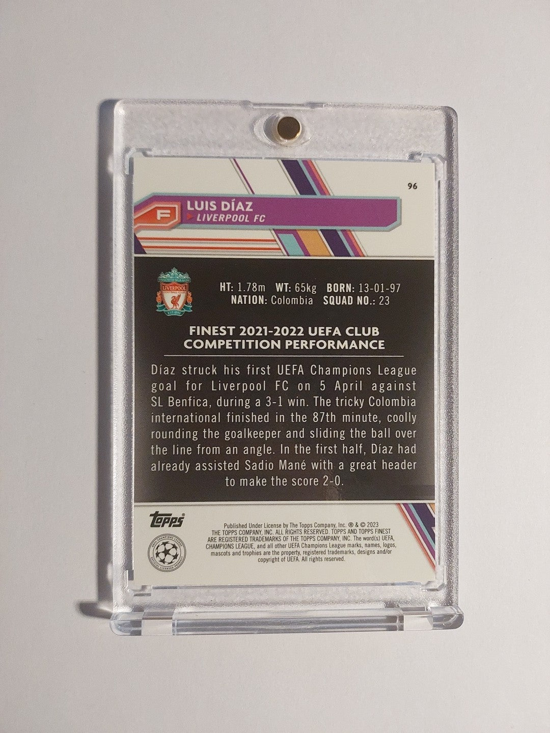 Topps UCC Finest 2022-23 Luis Diaz Liverpool Numbered 212/275 Parallel Refractor – Bild 2