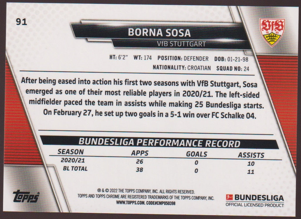 Topps Chrome 2021-22 Borna Sosa Rookie VfB Stuttgart Parallel Rare – Bild 2