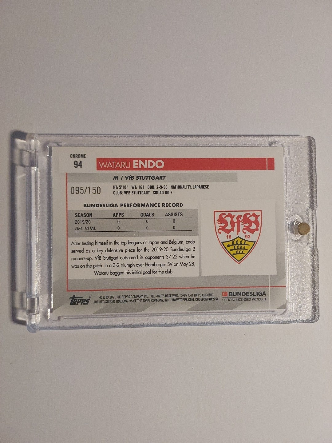 Topps Chrome Bundesliga 2020-21 Wataru Endo Stuttgart Numbered 95/150 Parallel – Bild 2