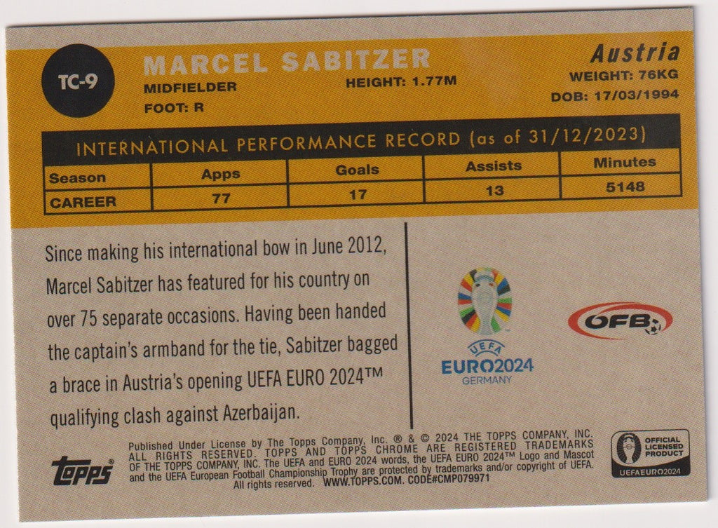 Topps Chrome Euro2024 Germany 2023-24 Marcel Sabitzer Österreich Parallel Rare – Bild 2