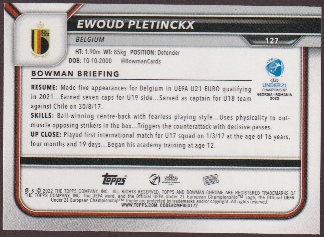 Topps Chrome 2021-22 Ewoud Pletinckx Belgium Parallel Refractor – Bild 2