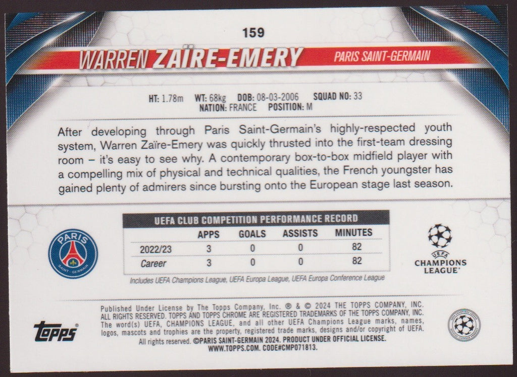 Topps Chrome 2023-24 Warren Zaire-Emery Rookie Paris Saint-Germain Parallel – Bild 2