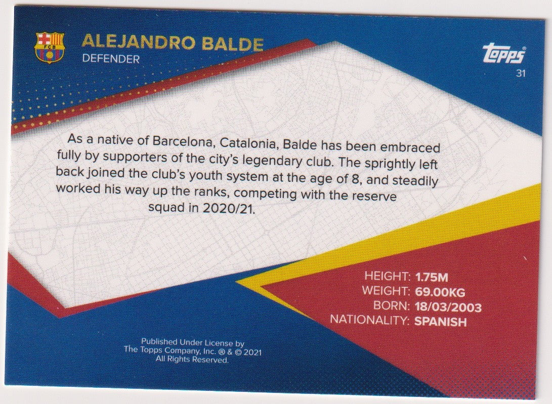 Topps 2020-21 Alejandro Balde Rookie FC Barcelona Parallel Rare Nr. 31 – Bild 2
