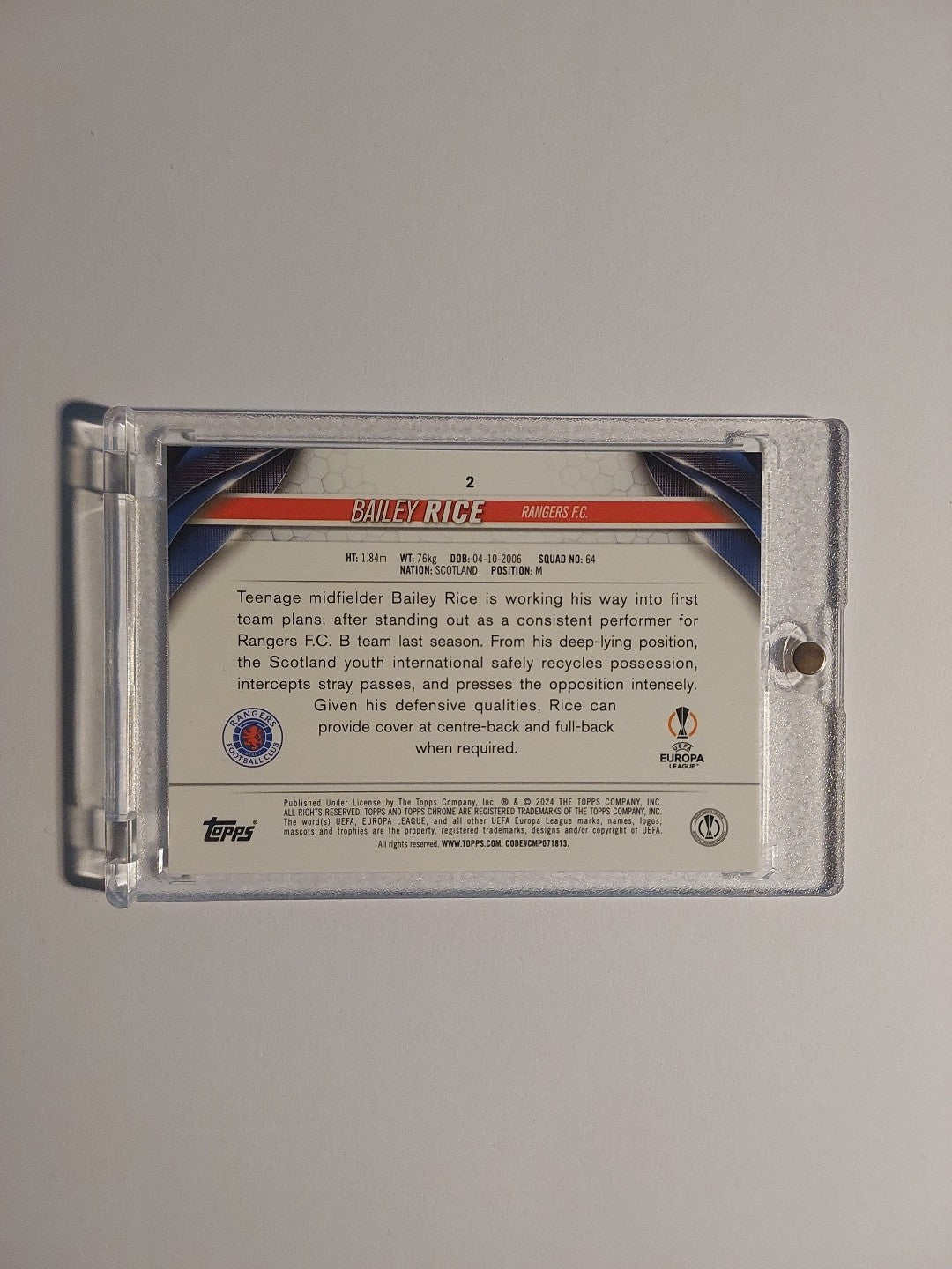 Topps UCC Chrome 2023-24 Bailey Rice Glasgow Rangers Parallel 136/225 Refractor – Bild 2