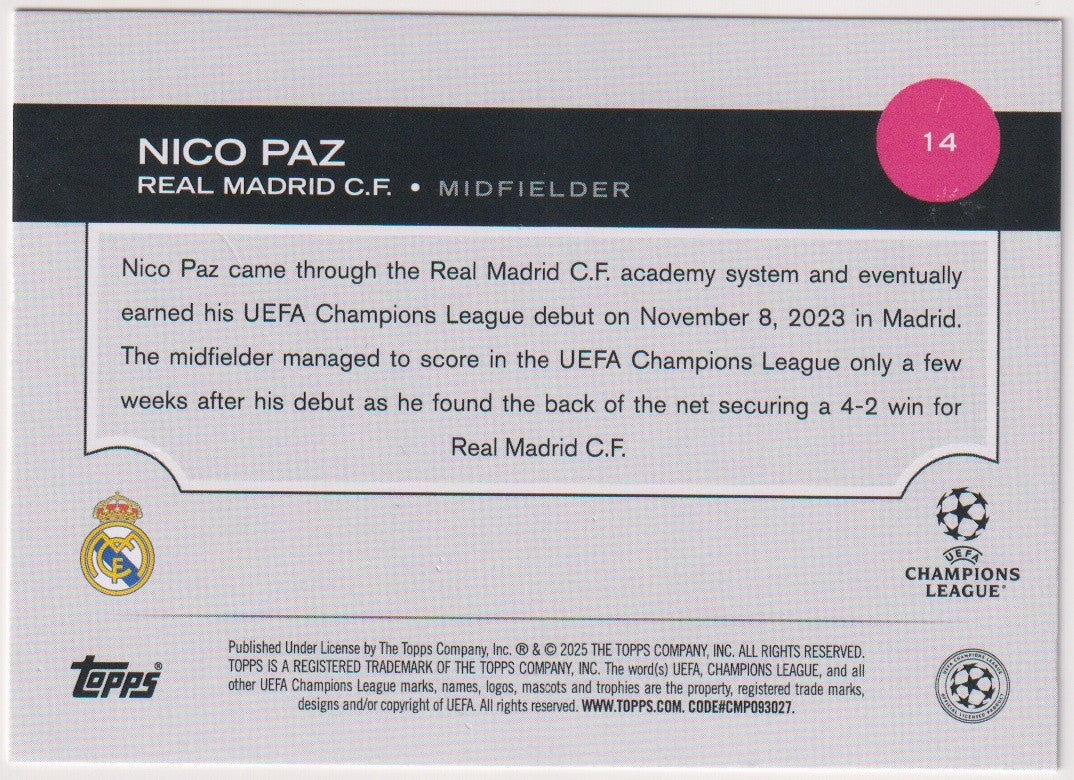 Topps Future Stars 2025-26 Nico Paz Rookie Real Madrid C.F. UEFA Champions – Bild 2