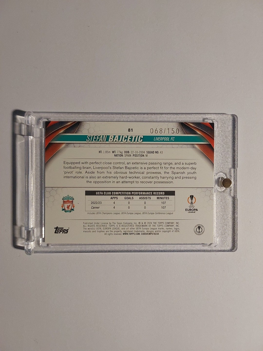 Topps UCC 2023-24 Stefan Bajcetic Liverpool Parallel 68/150 Refractor Rookie Hit – Bild 2