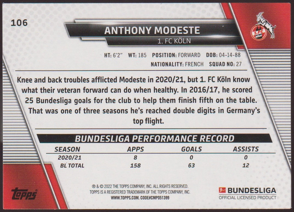 Topps 2023-24 Anthony Modeste 1. FC Köln Parallel Rare Nr. 106 – Bild 2