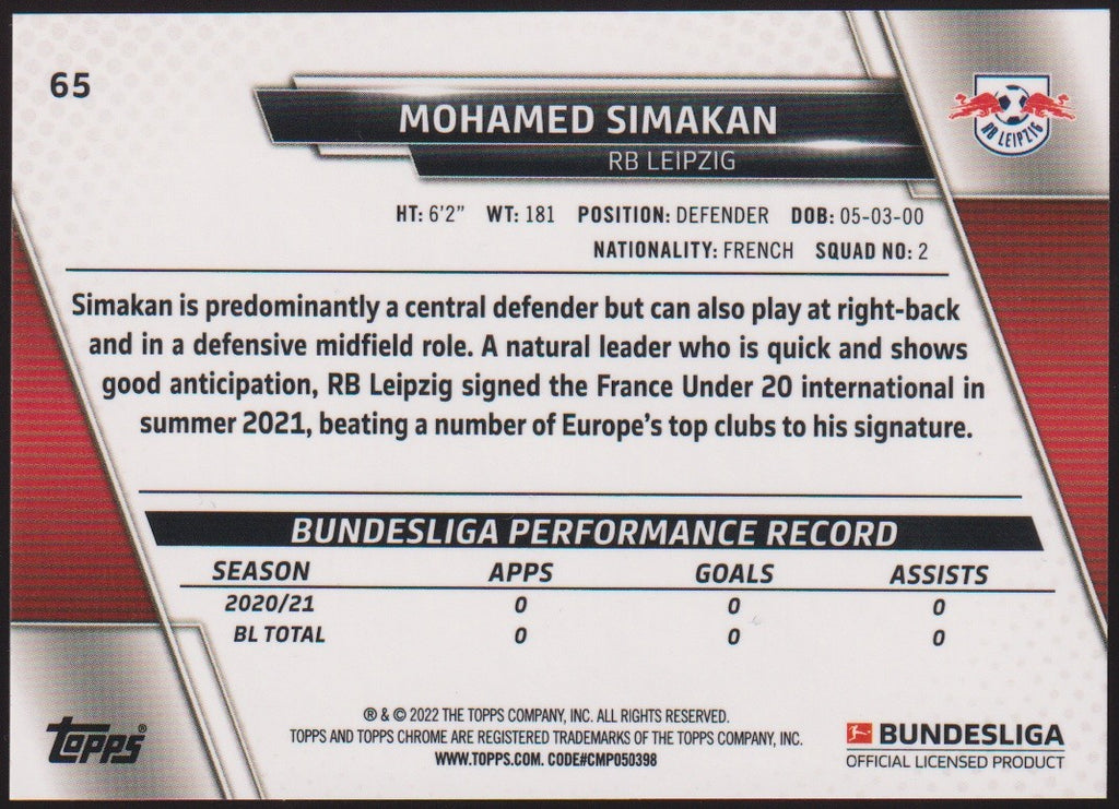 Topps Chrome 2021-22 Mohamed Simakan Rookie RB Leipzig Parallel Rare – Bild 2