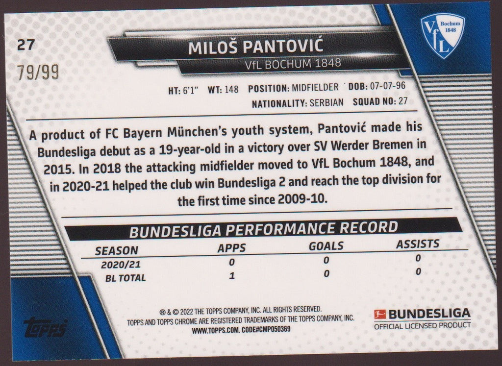Topps Chrome 2021-22 Milos Pantovic VfL Bochum 1848 Bundesliga Parallel 79/99 – Bild 2