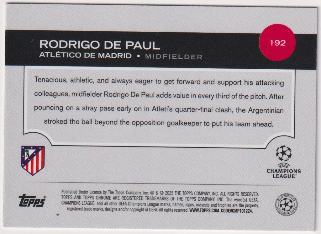 Topps Chrome 2025-26 Rodrigo De Paul Atlético de Madrid Parallel Rare 192 – Bild 2