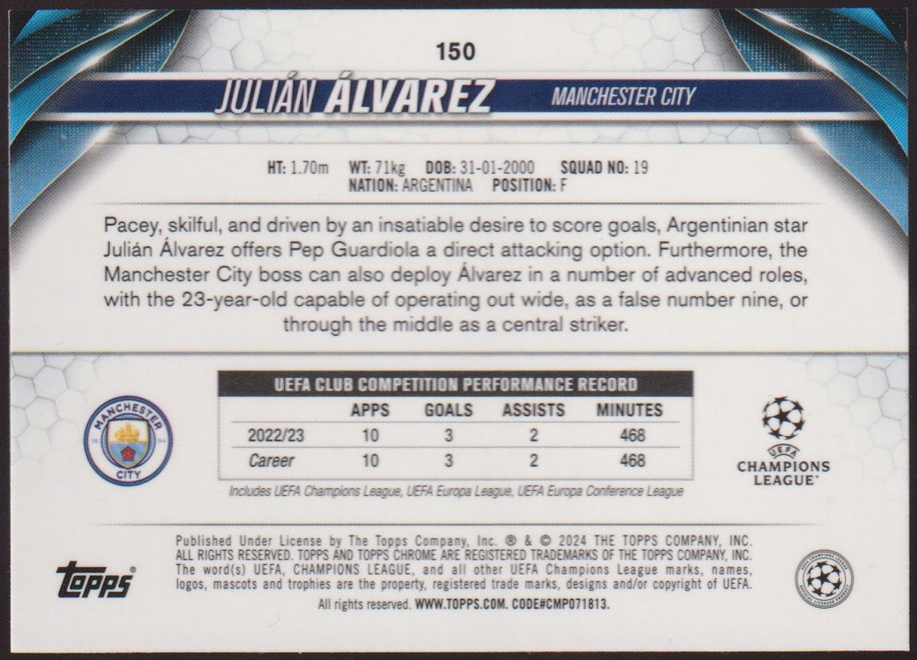Topps Chrome Future Stars 2023-24 Julian Álvarez Rookie Manchester City Parallel – Bild 2