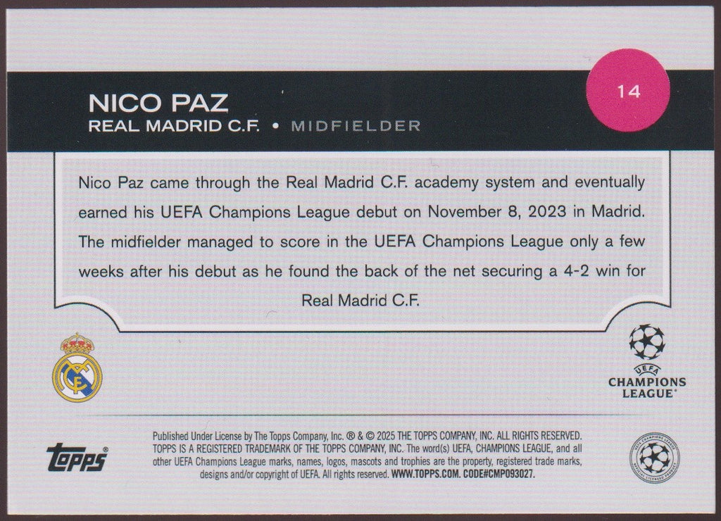 Topps 2024-25 Nico Paz Rookie Real Madrid C.F. UEFA Champions League Parallel – Bild 2