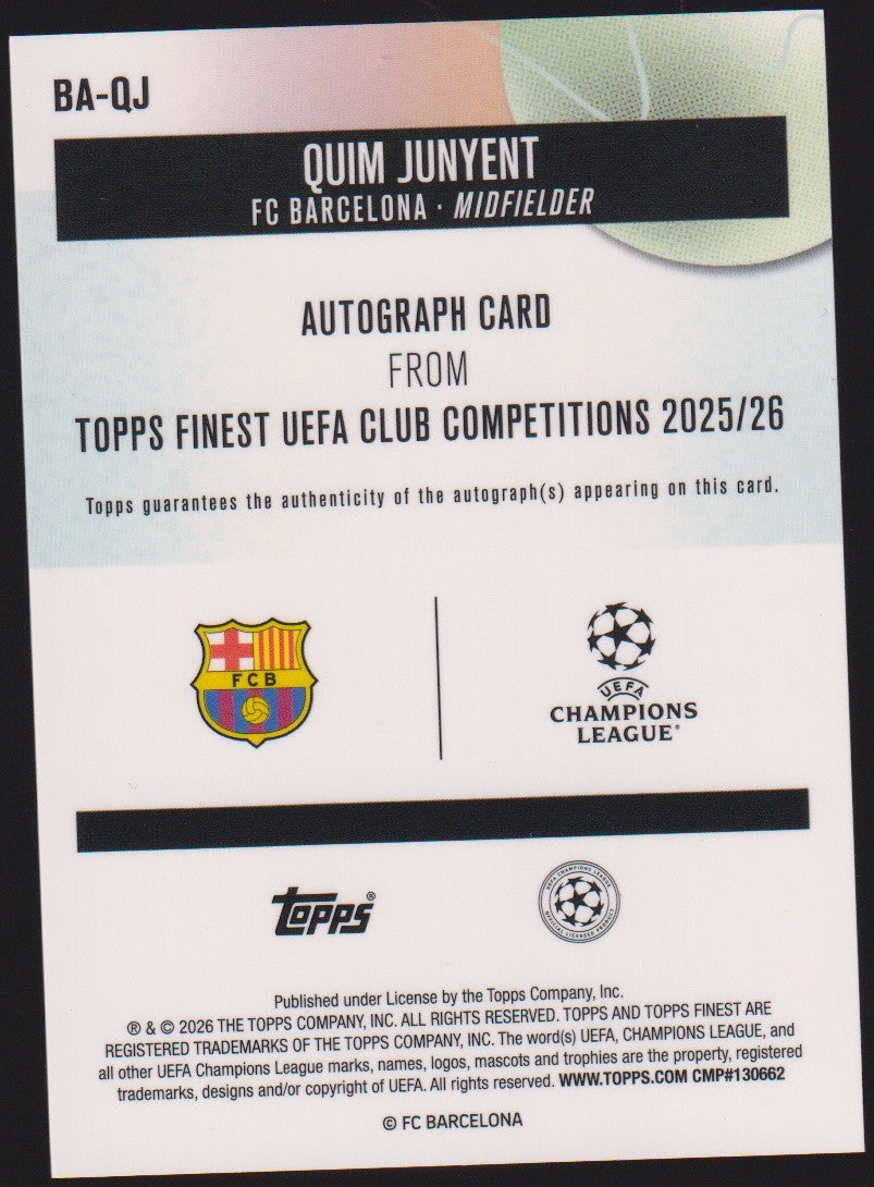 Topps Finest UCC 2025-26 Quim Junyent Auto Barcelona Parallel 116/150 Rookie – Bild 2