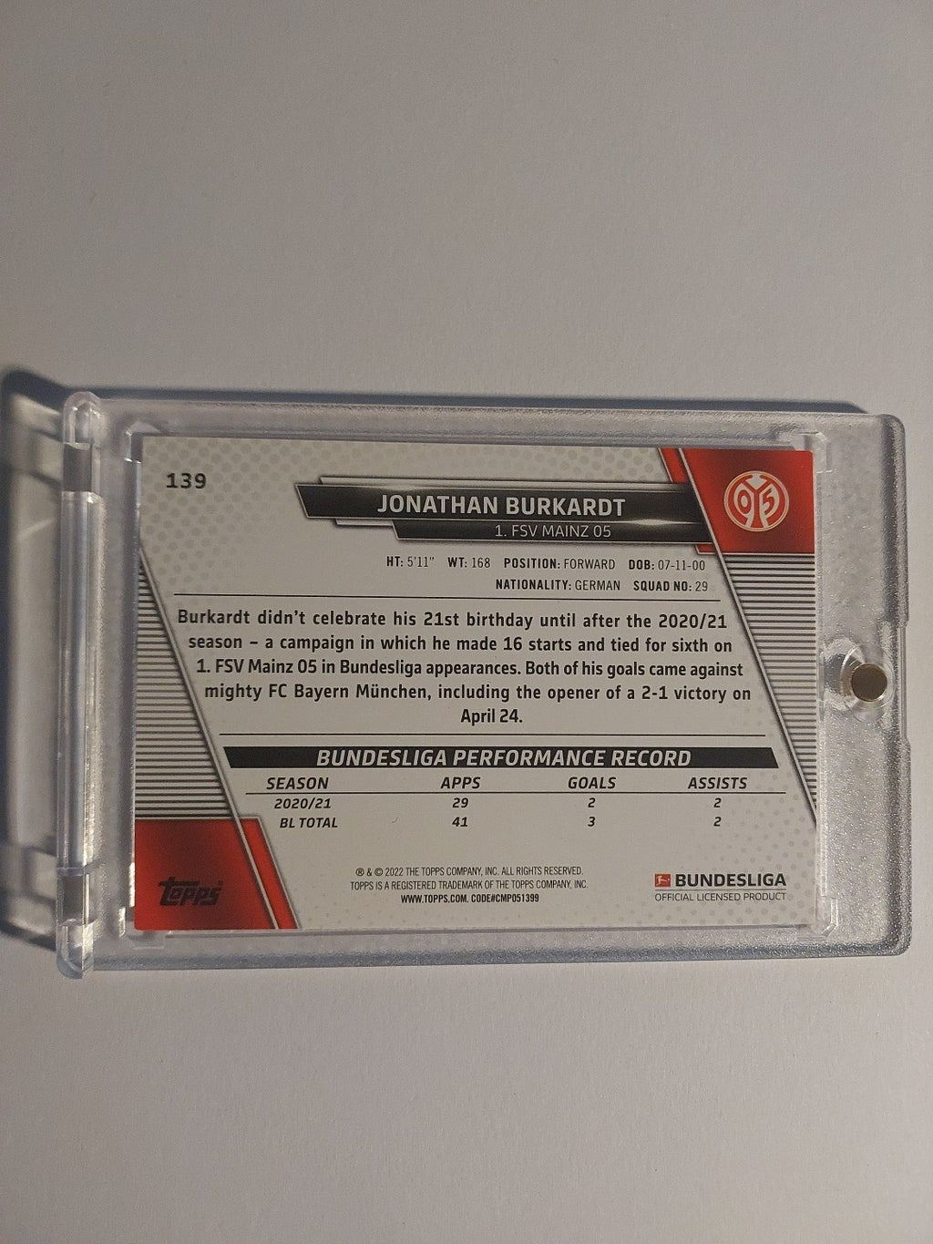 Topps Bundesliga 2021-22 Jonathan Burkardt Mainz On Card Auto Ultra Rare Hit – Bild 2
