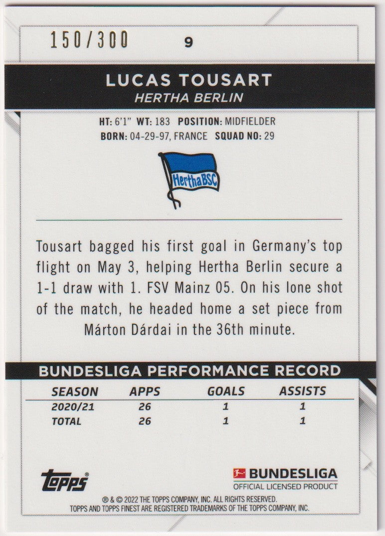 Topps 2020-21 Lucas Tousart Hertha Berlin Finest Parallel 150/300 Rare – Bild 2