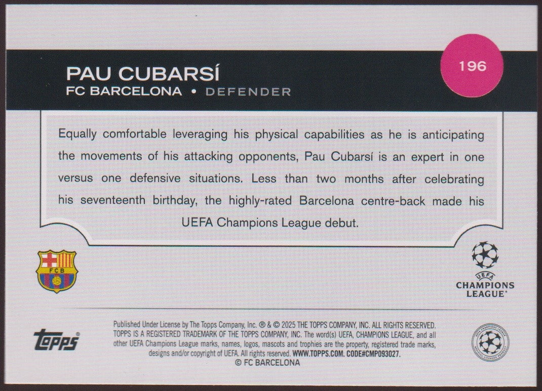 Topps 2024-25 Pau Cubarsi Rookie FC Barcelona UEFA Champions League Parallel – Bild 2