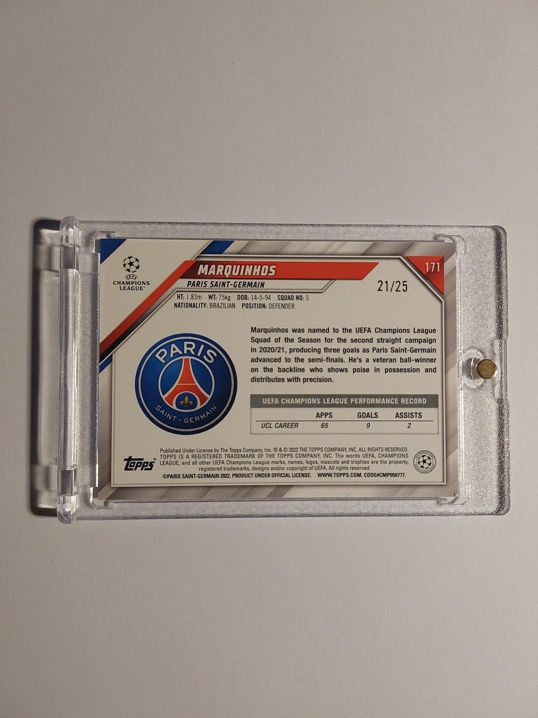Topps UCC 2021-22 Marquinhos Paris Saint-Germain Parallel 21/25 Refractor Rare – Bild 3