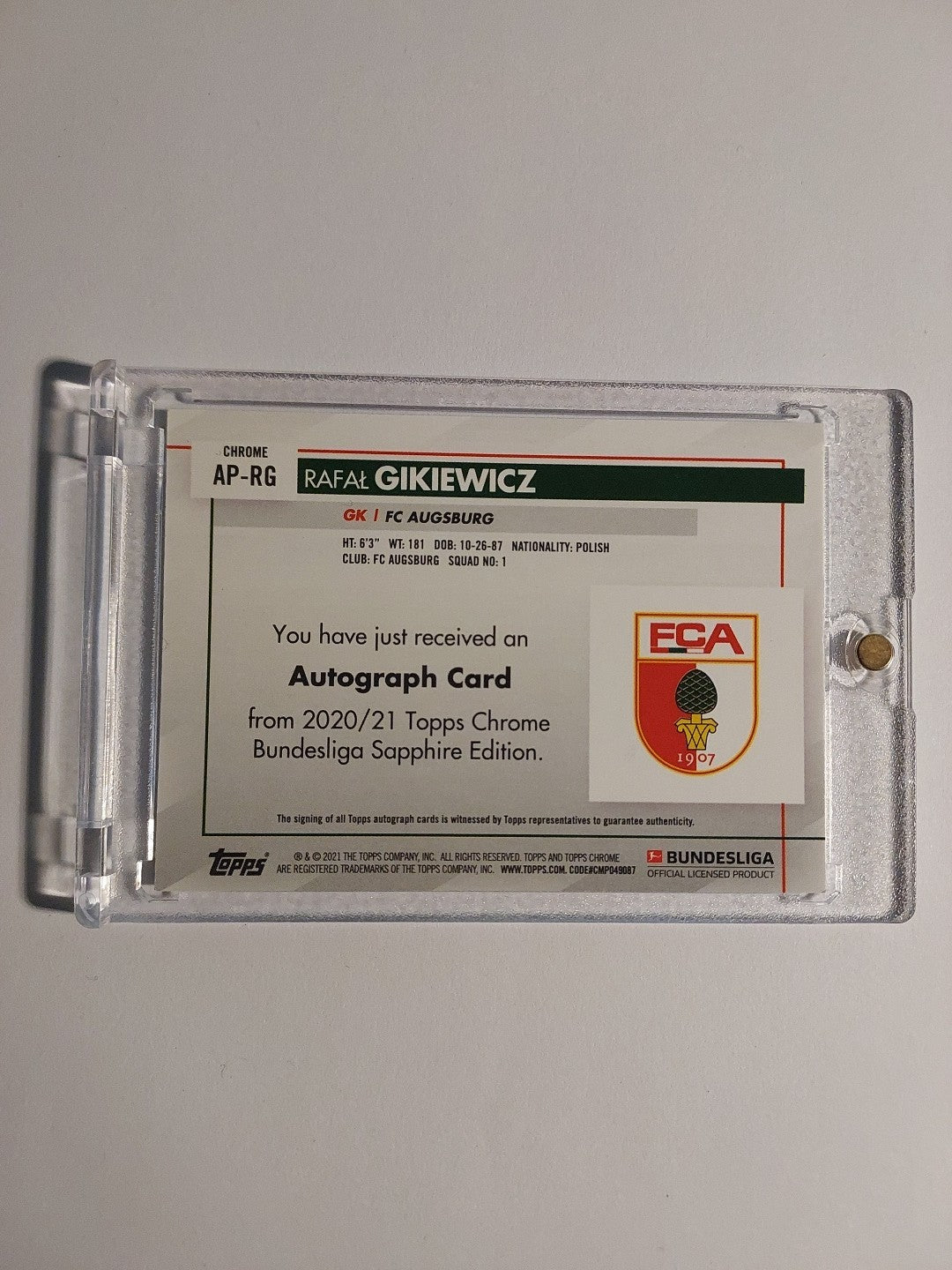 Topps Chrome Bundesliga 2020-21 Rafal Gikiewicz Auto Augsburg Parallel Refractor – Bild 3